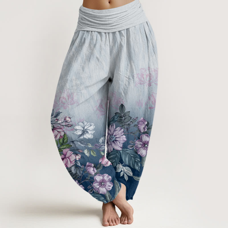Buddha Stones Lässige Haremshose mit Farbverlauf, Blütenblättern und Blättern, elastischer Taille für Damen - HellHimmelBlau - US22， UK/AU26，EU54 (6XL) - image 5
