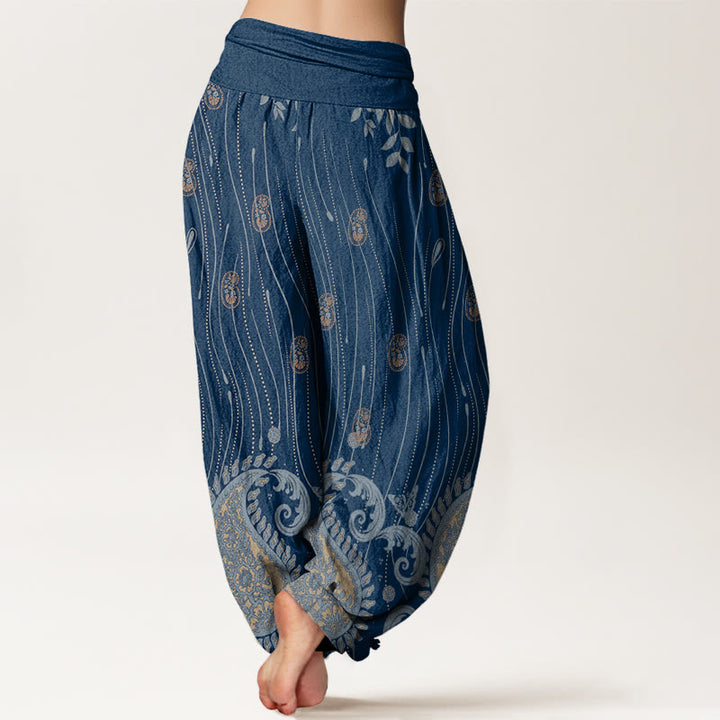 Buddha Stones Lässige Haremshose mit Paisley-Muster, Pflanzenblättern, Wellenlinienmuster, elastischer Bund für Damen - image 3