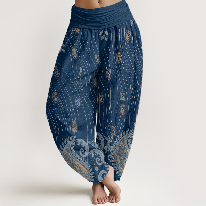Buddha Stones Lässige Haremshose mit Paisley-Muster, Pflanzenblättern, Wellenlinienmuster, elastischer Bund für Damen - Mittelblau - US22， UK/AU26，EU54 (6XL) - image 1