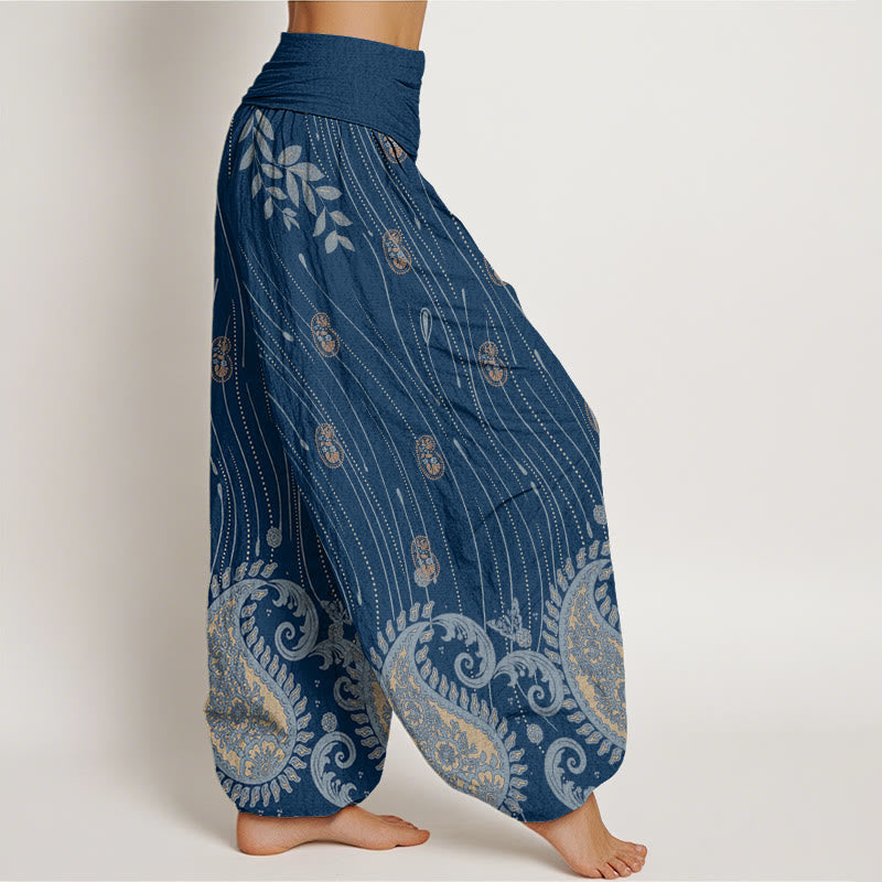 Buddha Stones Lässige Haremshose mit Paisley-Muster, Pflanzenblättern, Wellenlinienmuster, elastischer Bund für Damen - image 2