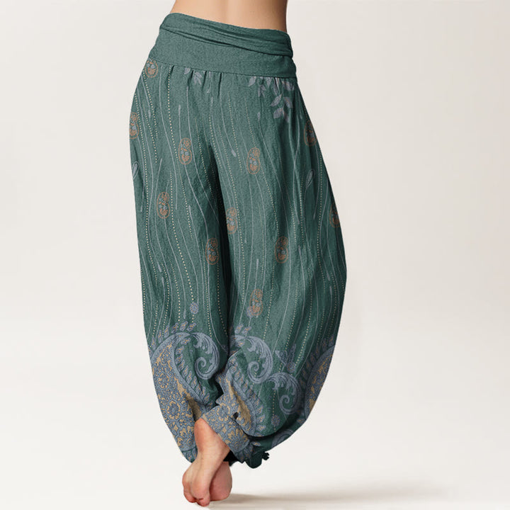 Buddha Stones Lässige Haremshose mit Paisley-Muster, Pflanzenblättern, Wellenlinienmuster, elastischer Bund für Damen - image 7