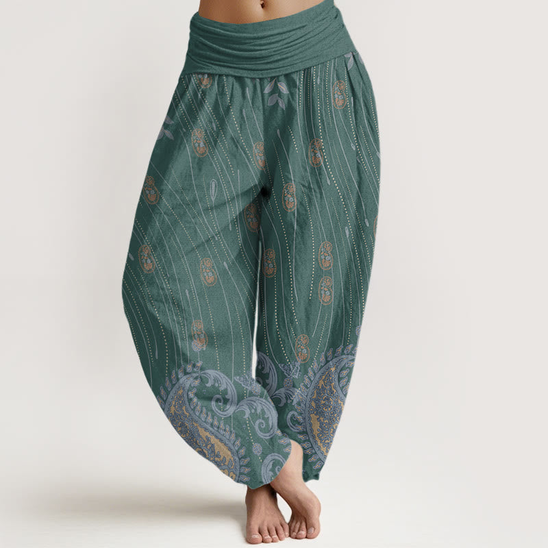 Buddha Stones Lässige Haremshose mit Paisley-Muster, Pflanzenblättern, Wellenlinienmuster, elastischer Bund für Damen - DunkelCyan - US22， UK/AU26，EU54 (6XL) - image 5