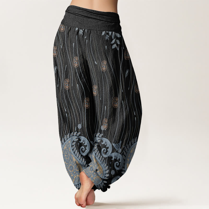 Buddha Stones Lässige Haremshose mit Paisley-Muster, Pflanzenblättern, Wellenlinienmuster, elastischer Bund für Damen - image 10