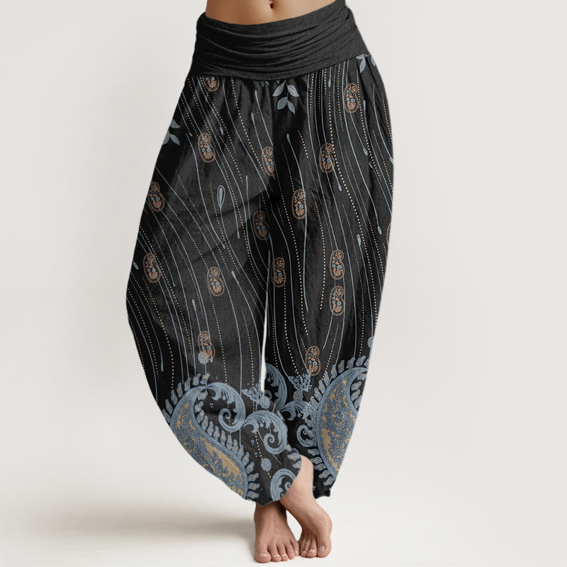 Buddha Stones Lässige Haremshose mit Paisley-Muster, Pflanzenblättern, Wellenlinienmuster, elastischer Bund für Damen - Schwarz - US22， UK/AU26，EU54 (6XL) - image 8