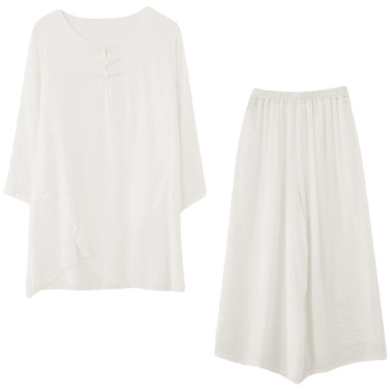 Buddha Stones 2-teiliges beiges chinesisches Froschknopf-Design, langärmeliges Hemd, Oberteil und Hose, Meditation, Zen, Tai Chi, Baumwoll-Leinen-Kleidung für Damen - image 21