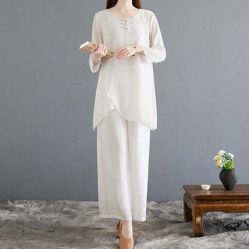 Buddha Stones 2-teiliges beiges chinesisches Froschknopf-Design, langärmeliges Hemd, Oberteil und Hose, Meditation, Zen, Tai Chi, Baumwoll-Leinen-Kleidung für Damen - image 3