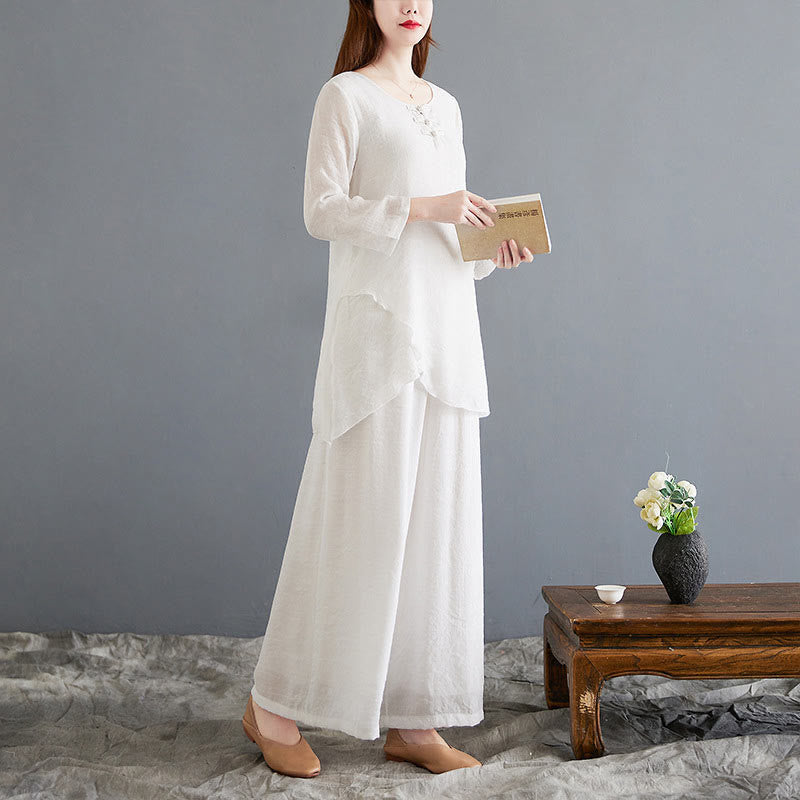 Buddha Stones 2-teiliges beiges chinesisches Froschknopf-Design, langärmeliges Hemd, Oberteil und Hose, Meditation, Zen, Tai Chi, Baumwoll-Leinen-Kleidung für Damen - image 6