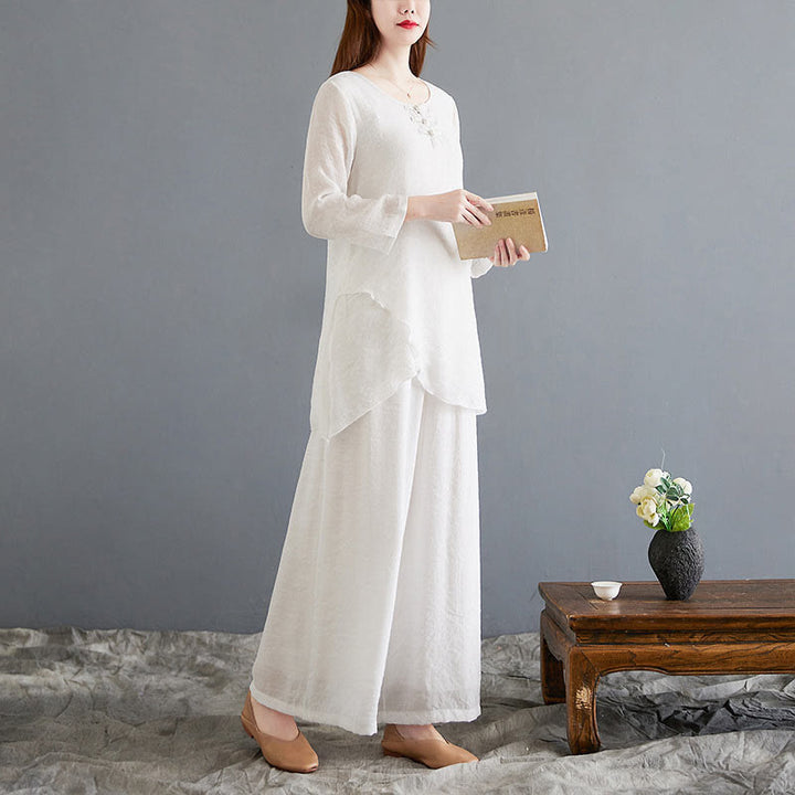 Buddha Stones 2-teiliges beiges chinesisches Froschknopf-Design, langärmeliges Hemd, Oberteil und Hose, Meditation, Zen, Tai Chi, Baumwoll-Leinen-Kleidung für Damen - image 6