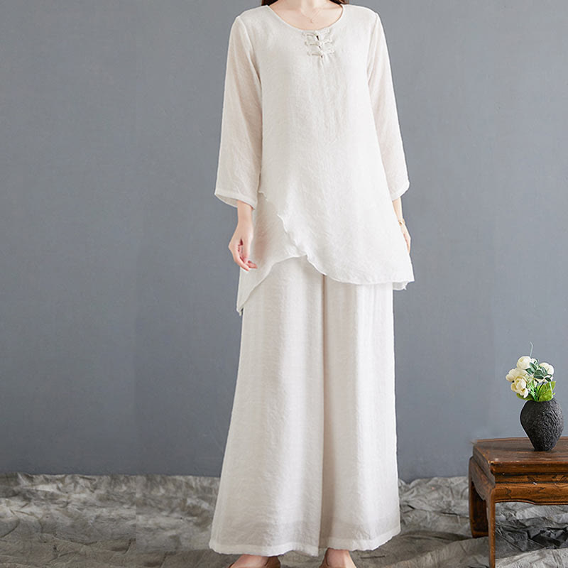 Buddha Stones 2-teiliges beiges chinesisches Froschknopf-Design, langärmeliges Hemd, Oberteil und Hose, Meditation, Zen, Tai Chi, Baumwoll-Leinen-Kleidung für Damen - image 4