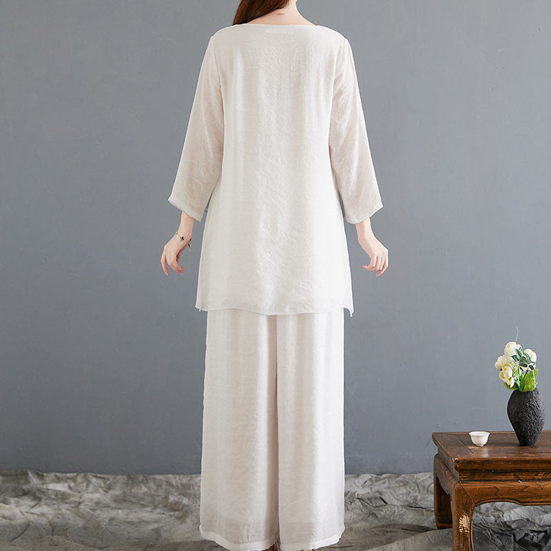 Buddha Stones 2-teiliges beiges chinesisches Froschknopf-Design, langärmeliges Hemd, Oberteil und Hose, Meditation, Zen, Tai Chi, Baumwoll-Leinen-Kleidung für Damen - image 2