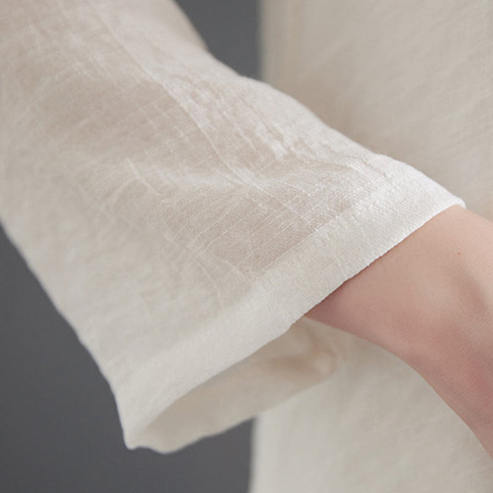 Buddha Stones 2-teiliges beiges chinesisches Froschknopf-Design, langärmeliges Hemd, Oberteil und Hose, Meditation, Zen, Tai Chi, Baumwoll-Leinen-Kleidung für Damen - image 11