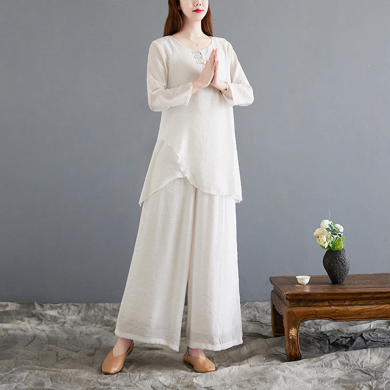 Buddha Stones 2-teiliges beiges chinesisches Froschknopf-Design, langärmeliges Hemd, Oberteil und Hose, Meditation, Zen, Tai Chi, Baumwoll-Leinen-Kleidung für Damen - image 1