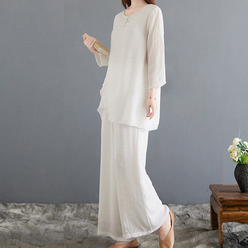 Buddha Stones 2-teiliges beiges chinesisches Froschknopf-Design, langärmeliges Hemd, Oberteil und Hose, Meditation, Zen, Tai Chi, Baumwoll-Leinen-Kleidung für Damen - image 5