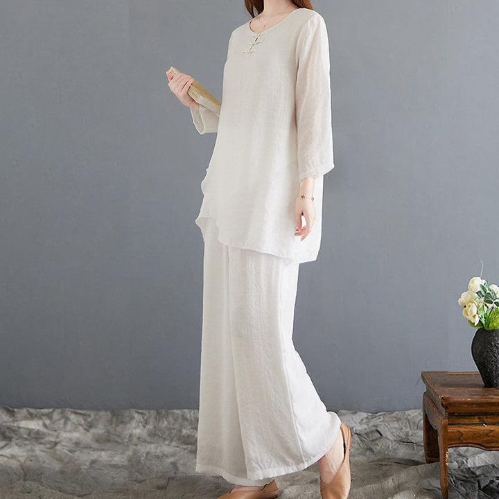 Buddha Stones 2-teiliges beiges chinesisches Froschknopf-Design, langärmeliges Hemd, Oberteil und Hose, Meditation, Zen, Tai Chi, Baumwoll-Leinen-Kleidung für Damen - image 5