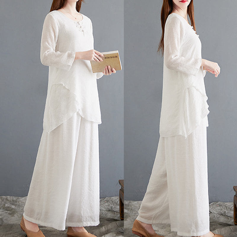 Buddha Stones 2-teiliges beiges chinesisches Froschknopf-Design, langärmeliges Hemd, Oberteil und Hose, Meditation, Zen, Tai Chi, Baumwoll-Leinen-Kleidung für Damen - image 19