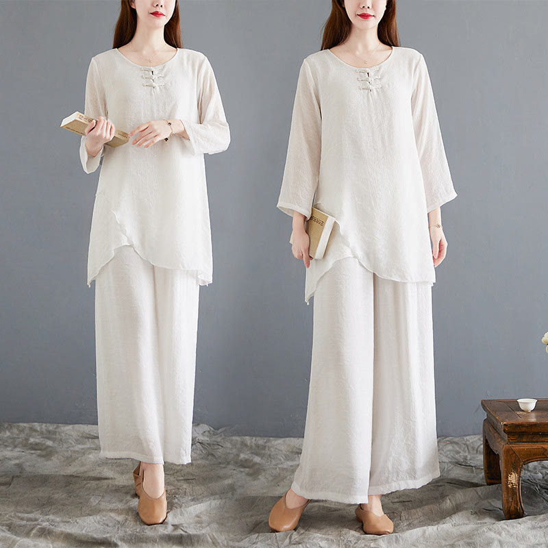 Buddha Stones 2-teiliges beiges chinesisches Froschknopf-Design, langärmeliges Hemd, Oberteil und Hose, Meditation, Zen, Tai Chi, Baumwoll-Leinen-Kleidung für Damen - image 20