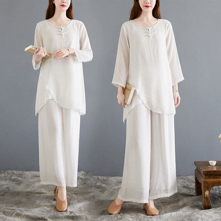 Buddha Stones 2-teiliges beiges chinesisches Froschknopf-Design, langärmeliges Hemd, Oberteil und Hose, Meditation, Zen, Tai Chi, Baumwoll-Leinen-Kleidung für Damen - image 20