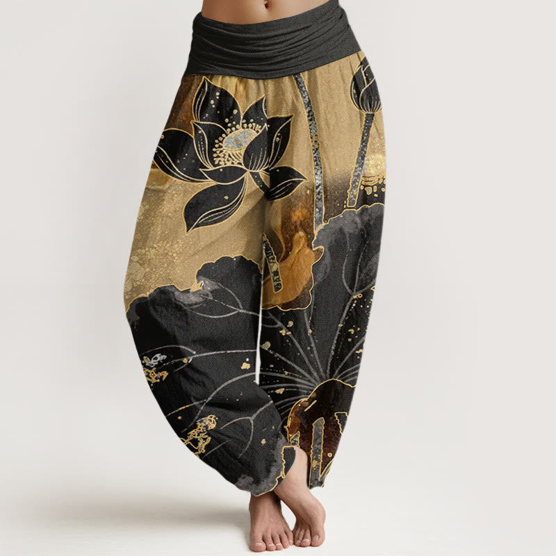 Buddha Stones Lässige Haremshose mit Lotusblütenmuster für Damen mit elastischer Taille - Schwarz - US22， UK/AU26，EU54 (6XL) - image 1