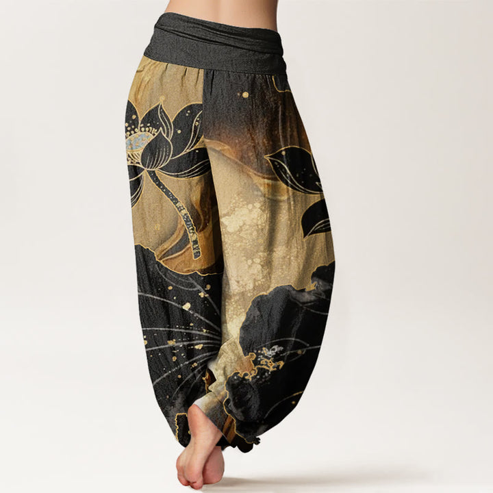 Buddha Stones Lässige Haremshose mit Lotusblütenmuster für Damen mit elastischer Taille - image 3