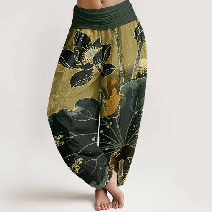 Buddha Stones Lässige Haremshose mit Lotusblütenmuster für Damen mit elastischer Taille - DunkelOlivGrün - US22， UK/AU26，EU54 (6XL) - image 5