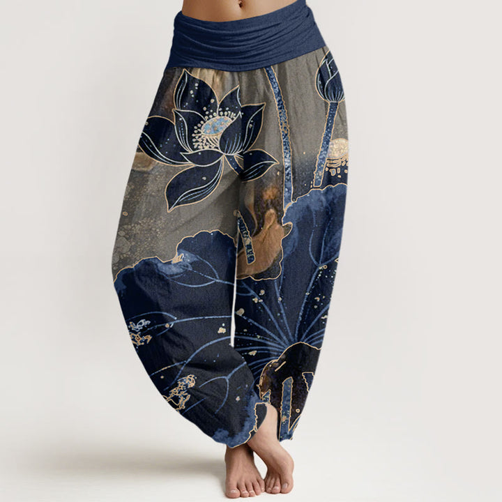Buddha Stones Lässige Haremshose mit Lotusblütenmuster für Damen mit elastischer Taille - Marine - US22， UK/AU26，EU54 (6XL) - image 8