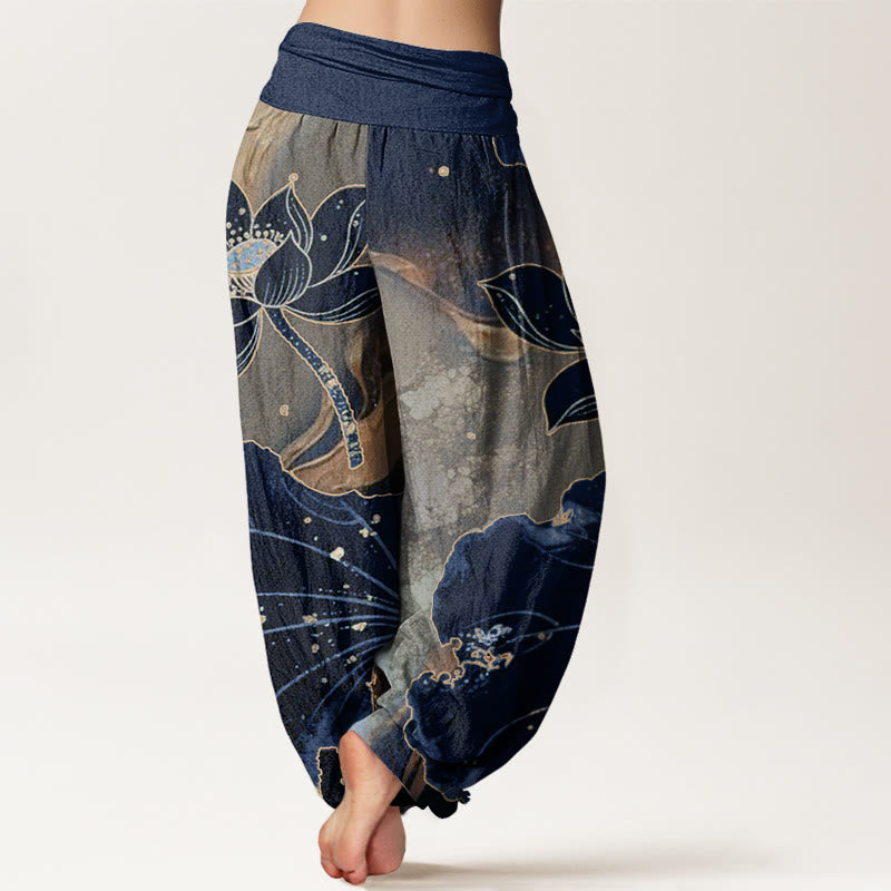 Buddha Stones Lässige Haremshose mit Lotusblütenmuster für Damen mit elastischer Taille - image 10