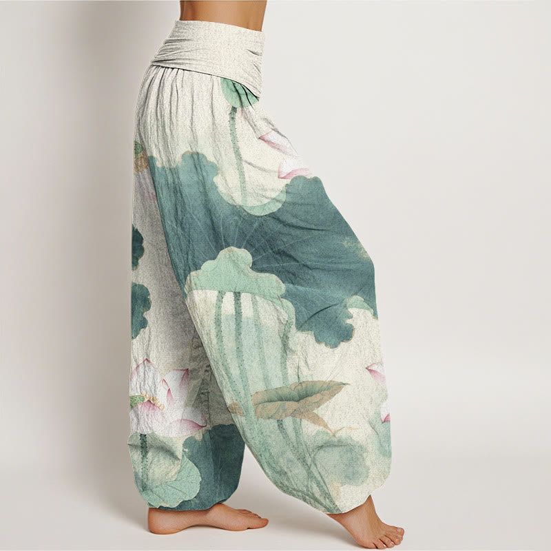 Lässige Haremshose mit Lotusblüten-Muster für Damen mit elastischer Taille und Buddha Stones - image 2