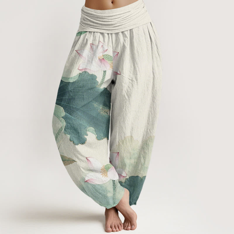 Lässige Haremshose mit Lotusblüten-Muster für Damen mit elastischer Taille und Buddha Stones - MittelAquamarin - US22， UK/AU26，EU54 (6XL) - image 1