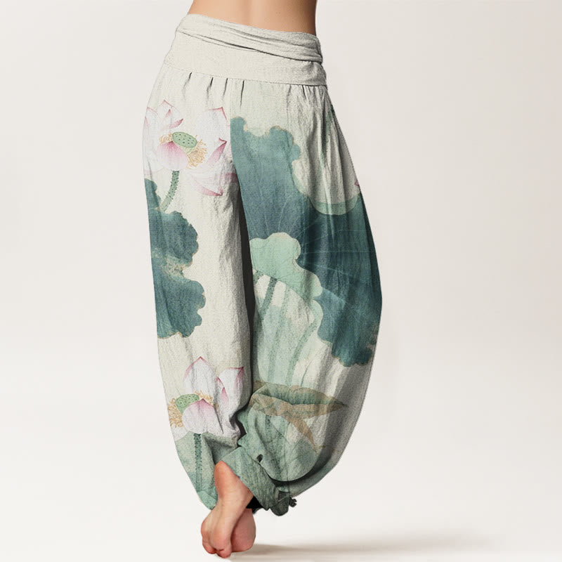 Lässige Haremshose mit Lotusblüten-Muster für Damen mit elastischer Taille und Buddha Stones - image 3