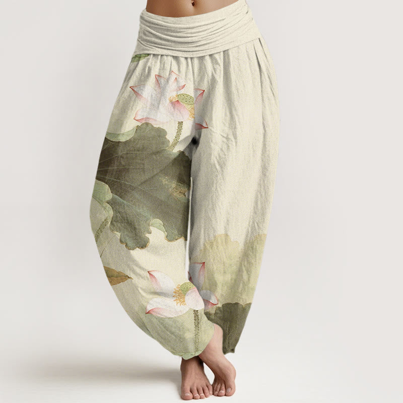 Lässige Haremshose mit Lotusblüten-Muster für Damen mit elastischer Taille und Buddha Stones - Beige - US22， UK/AU26，EU54 (6XL) - image 5