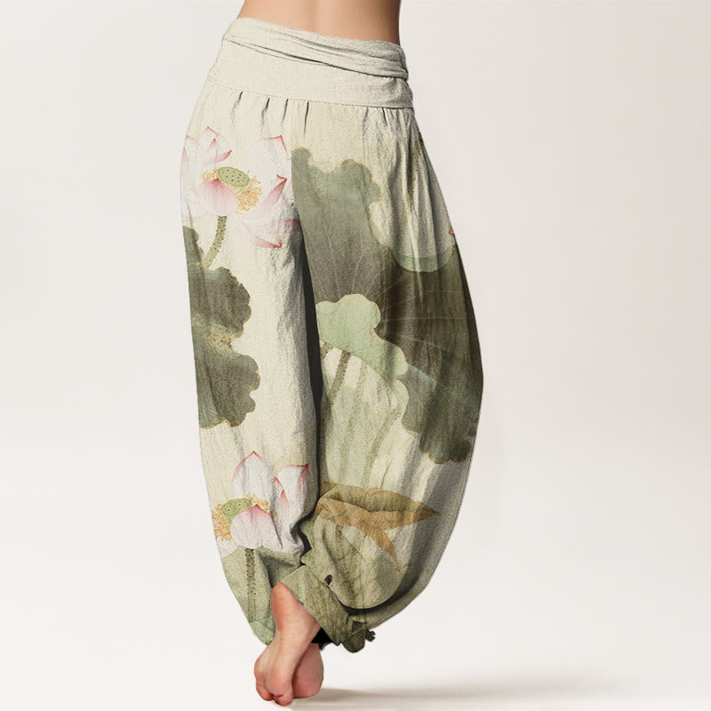 Lässige Haremshose mit Lotusblüten-Muster für Damen mit elastischer Taille und Buddha Stones - image 7
