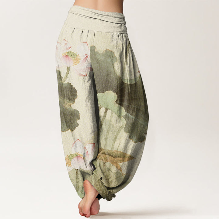 Lässige Haremshose mit Lotusblüten-Muster für Damen mit elastischer Taille und Buddha Stones - image 7