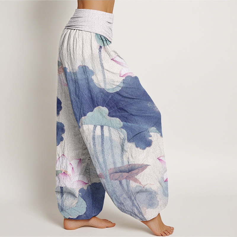 Lässige Haremshose mit Lotusblüten-Muster für Damen mit elastischer Taille und Buddha Stones - image 9