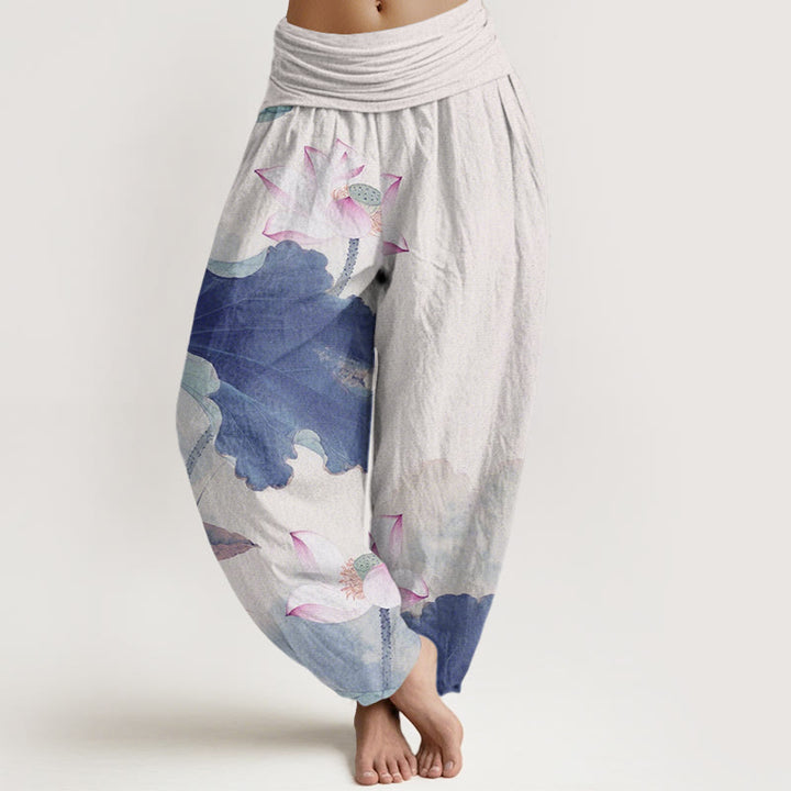 Lässige Haremshose mit Lotusblüten-Muster für Damen mit elastischer Taille und Buddha Stones - Königsblau - US22， UK/AU26，EU54 (6XL) - image 8