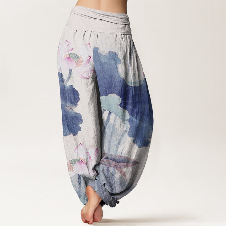 Lässige Haremshose mit Lotusblüten-Muster für Damen mit elastischer Taille und Buddha Stones - image 10