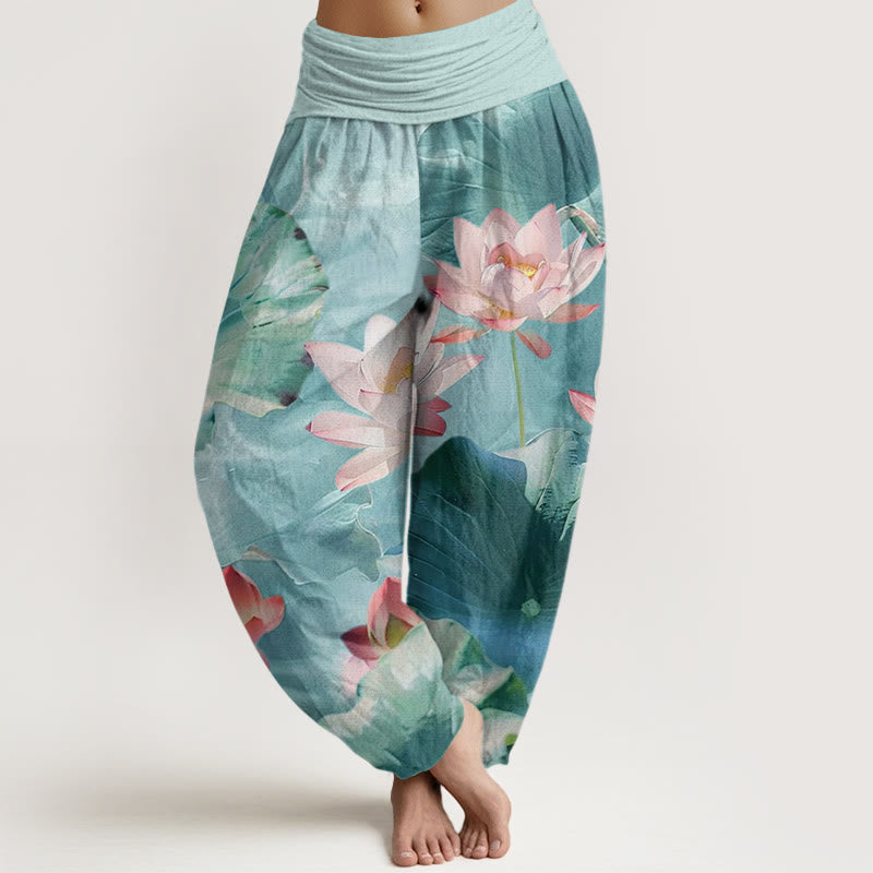 Buddha Stones Lässige Haremshose mit Lotusblüten-Teich-Muster für Damen, elastische Taille - Blasstürkis - US22， UK/AU26，EU54 (6XL) - image 1
