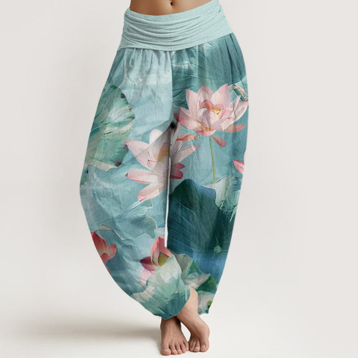 Buddha Stones Lässige Haremshose mit Lotusblüten-Teich-Muster für Damen, elastische Taille - Blasstürkis - US22， UK/AU26，EU54 (6XL) - image 1