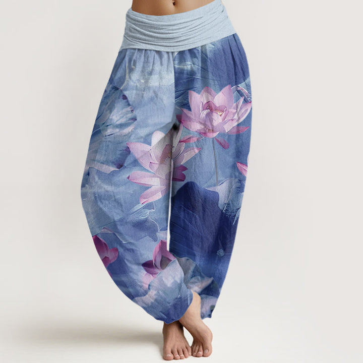 Buddha Stones Lässige Haremshose mit Lotusblüten-Teich-Muster für Damen, elastische Taille - KornblumeBlau - US22， UK/AU26，EU54 (6XL) - image 8