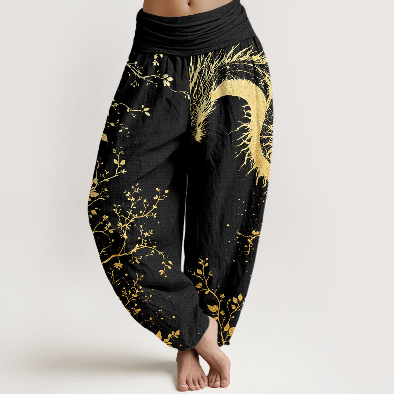 Buddha Stones Lässige Haremshose für Damen mit elastischer Taille und Drachen-Blumen-Blatt-Muster - Schwarz - US22， UK/AU26，EU54 (6XL) - image 1