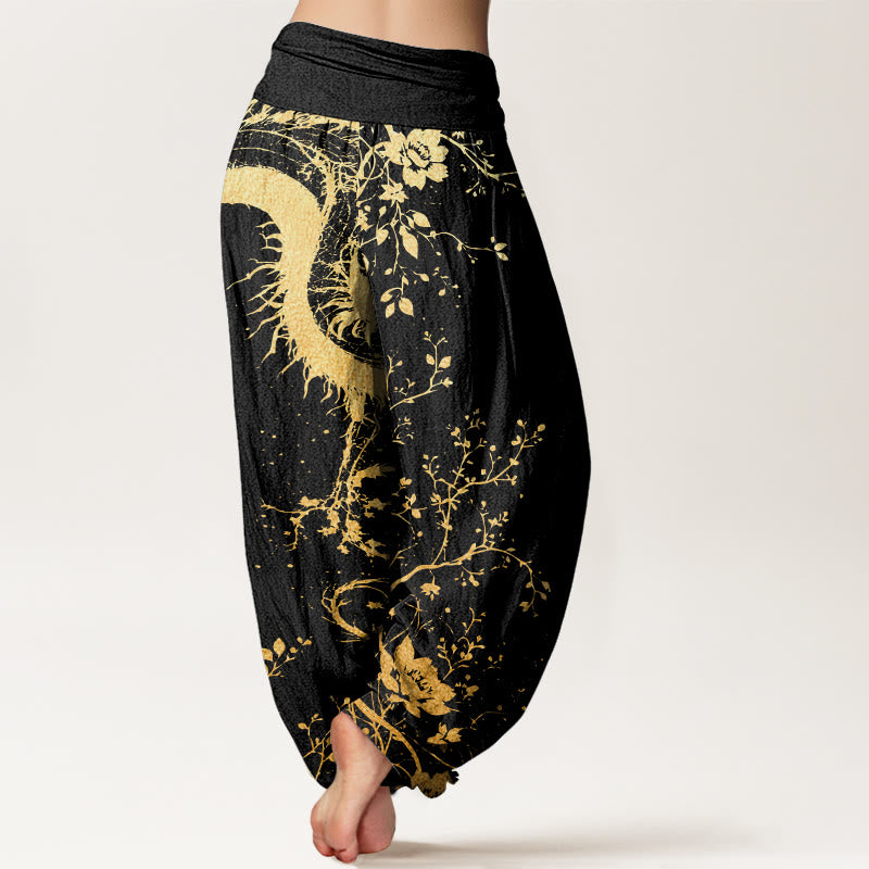 Buddha Stones Lässige Haremshose für Damen mit elastischer Taille und Drachen-Blumen-Blatt-Muster - image 3