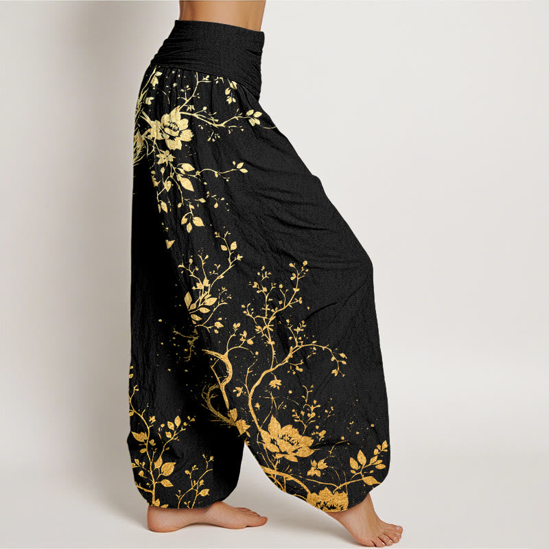 Lässige Haremshose aus Baumwolle mit Buddha Stones -Motiv, Drachenblumen- und Blattmuster sowie elastischem Bund für Damen. - image 1