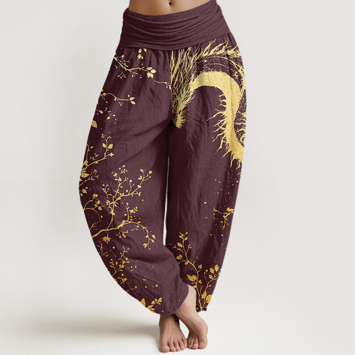 Lässige Haremshose aus Baumwolle mit Buddha Stones -Motiv, Drachenblumen- und Blattmuster sowie elastischem Bund für Damen. - Kastanienbraun - US22, UK/AU26, EU54 (6XL) - image 4