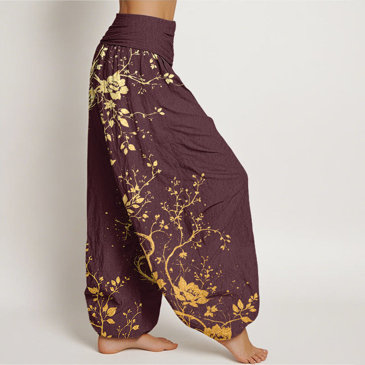 Buddha Stones Lässige Haremshose für Damen mit elastischer Taille und Drachen-Blumen-Blatt-Muster - image 6