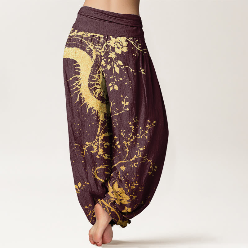 Buddha Stones Lässige Haremshose für Damen mit elastischer Taille und Drachen-Blumen-Blatt-Muster - image 7