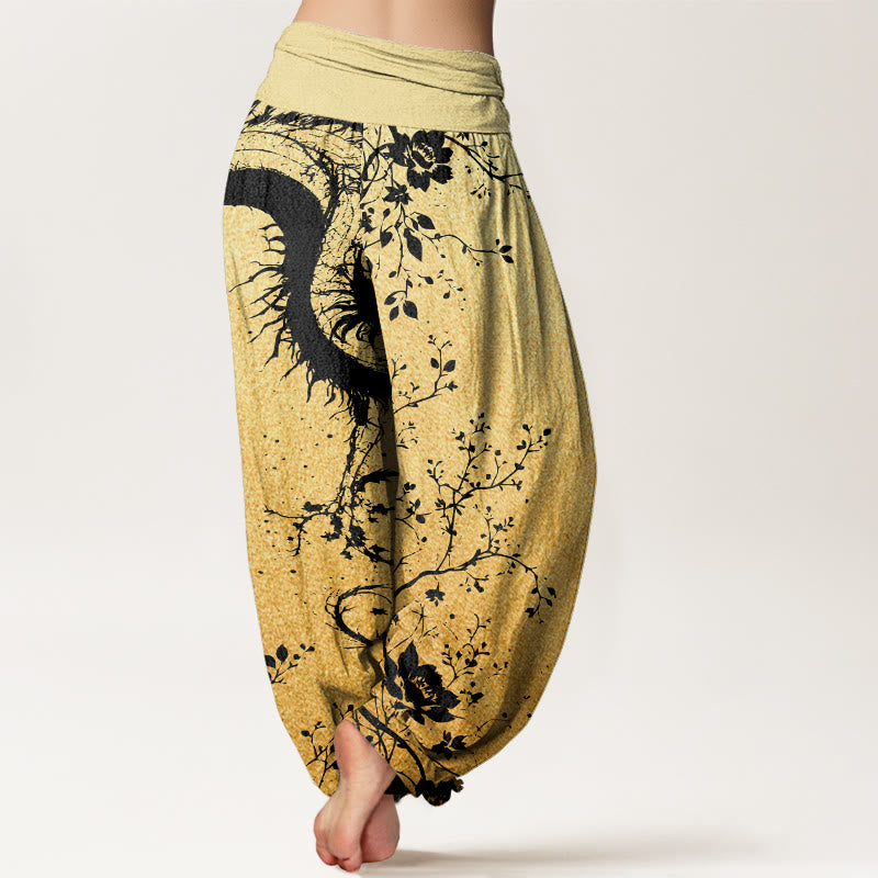Buddha Stones Lässige Haremshose für Damen mit elastischer Taille und Drachen-Blumen-Blatt-Muster - image 10