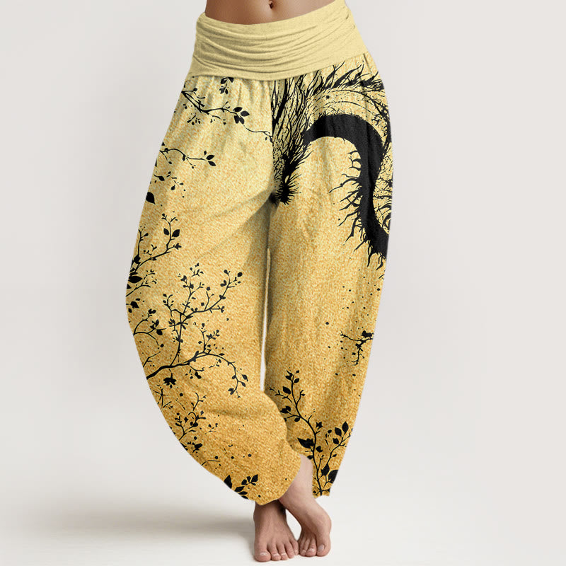 Buddha Stones Lässige Haremshose für Damen mit elastischer Taille und Drachen-Blumen-Blatt-Muster - Khaki - US22， UK/AU26，EU54 (6XL) - image 8