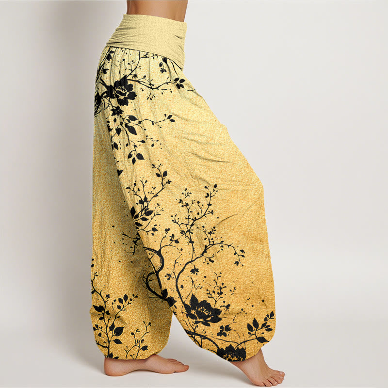 Buddha Stones Lässige Haremshose für Damen mit elastischer Taille und Drachen-Blumen-Blatt-Muster - image 9