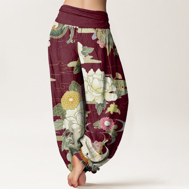Buddha Stones Lässige Haremshose mit elastischer Taille und Drachen-Mandschurenkranich-Pfingstrosen-Blumenmuster für Damen - image 3