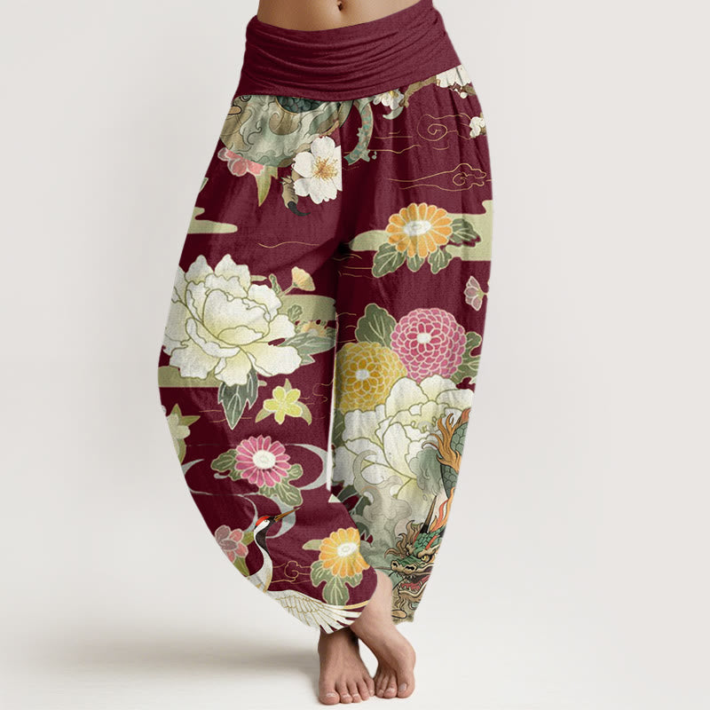Buddha Stones Lässige Haremshose mit elastischer Taille und Drachen-Mandschurenkranich-Pfingstrosen-Blumenmuster für Damen - Kastanienbraun - US22， UK/AU26，EU54 (6XL) - image 1