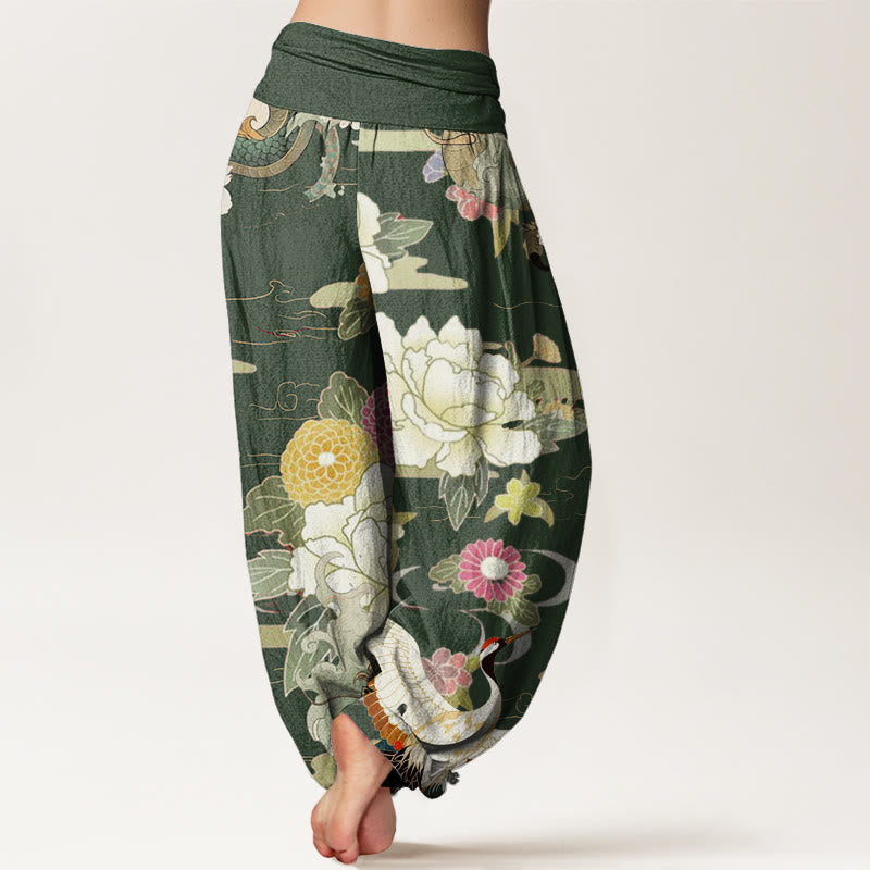Buddha Stones Lässige Haremshose mit elastischer Taille und Drachen-Mandschurenkranich-Pfingstrosen-Blumenmuster für Damen - image 10